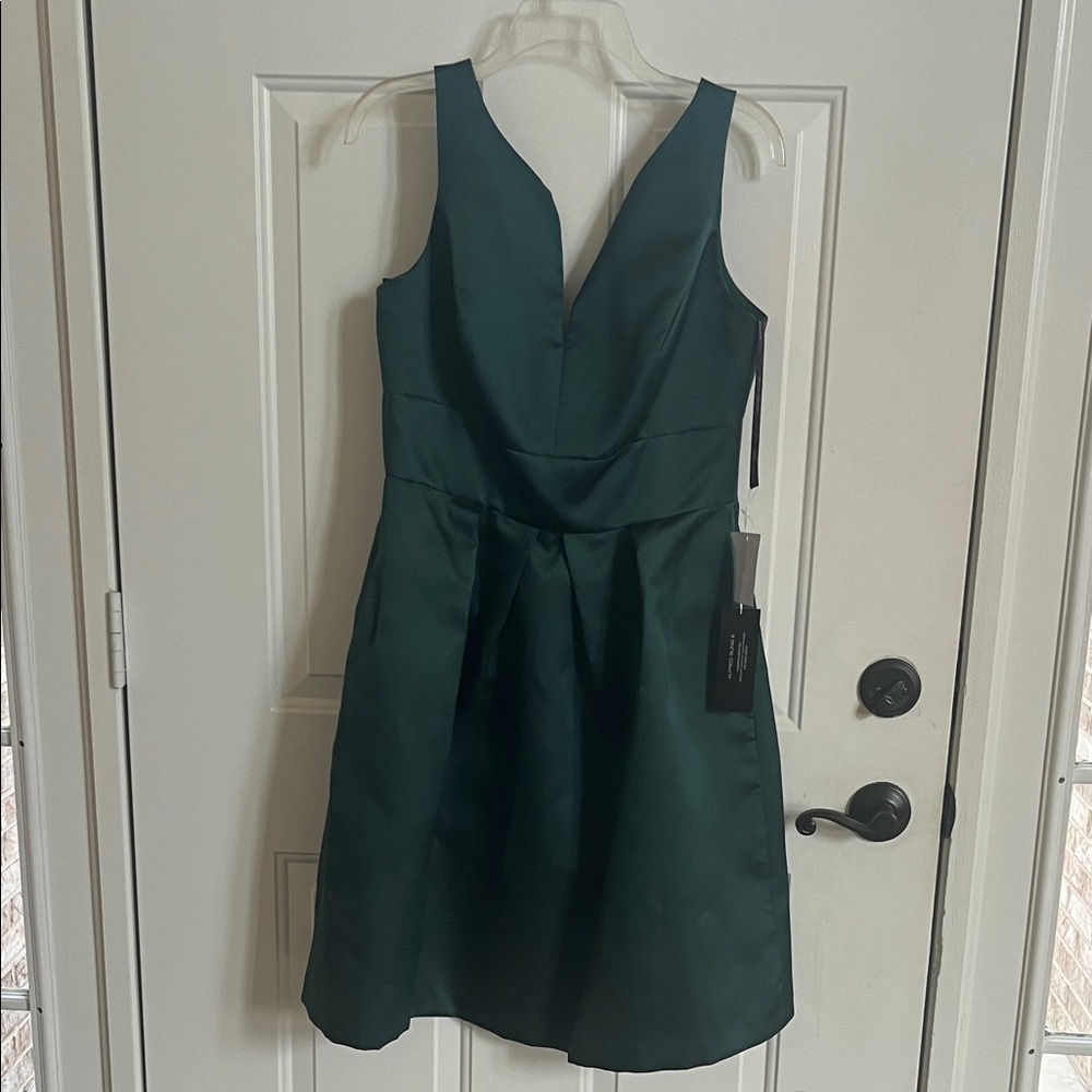 ALFRED SUNG Deep Green Sleeveless V-Neck Satin Midi Dress size 12 washable